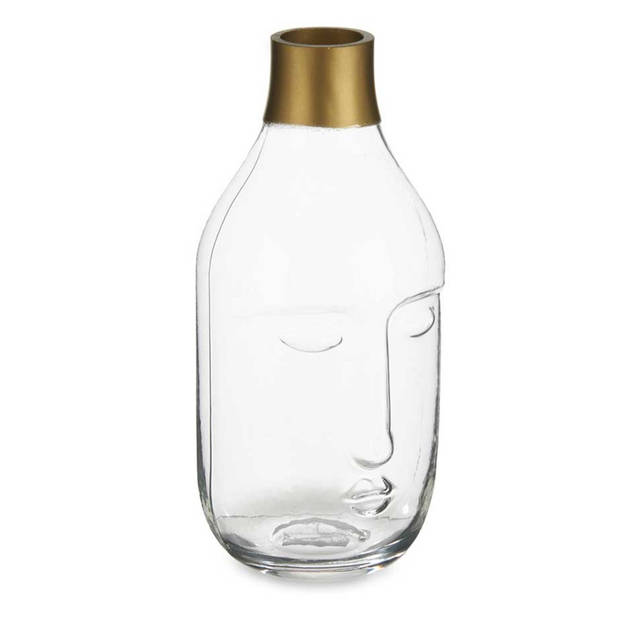 Giftdecor Bloemenvaas Crystal Face - luxe deco glas - helder transparant - D11 x H24 cm - gouden top - Vazen