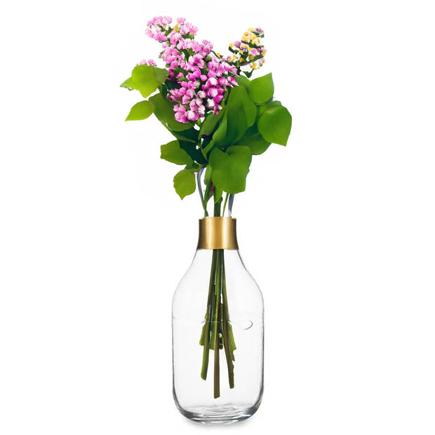 Giftdecor Bloemenvaas Crystal Face - luxe deco glas - helder transparant - D11 x H24 cm - gouden top - Vazen