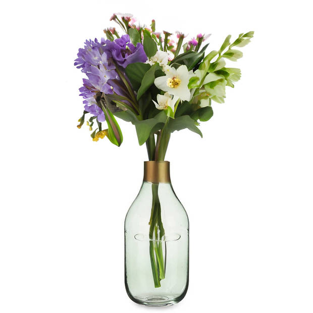 Giftdecor Bloemenvaas Crystal Face - luxe deco glas - groen transparant - D11 x H24 cm - gouden top - Vazen