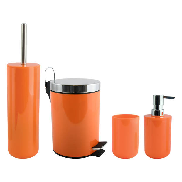 MSV Toiletborstel in houder/beker/zeeppompje/pedaalemmer set Moods - kunststof - oranje - Badkameraccessoireset