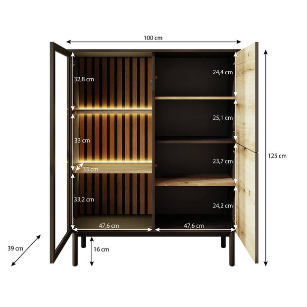 Meubella Vitrinekast Ludwig - Zwart - Eiken - 100 cm - Laag