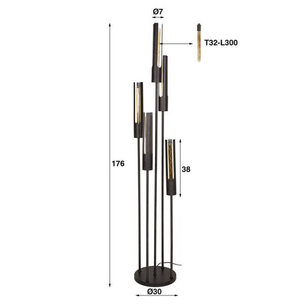 Hoyz Collection - Vloerlamp 5L Getrapt Tube - Artic Zwart