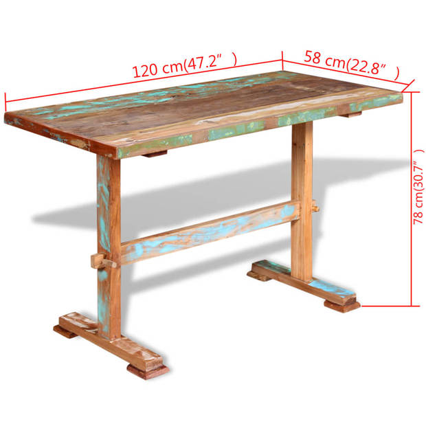 vidaXL Eettafel op voet 120x58x78 cm massief gerecycled hout