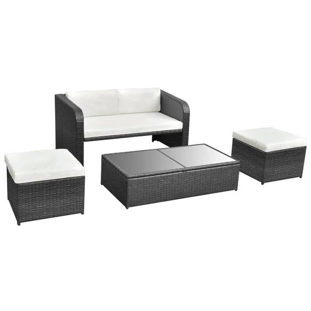 vidaXL 4-delige Loungeset met kussens poly rattan zwart