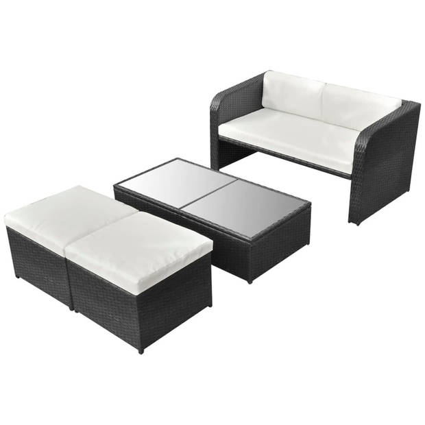 vidaXL 4-delige Loungeset met kussens poly rattan zwart