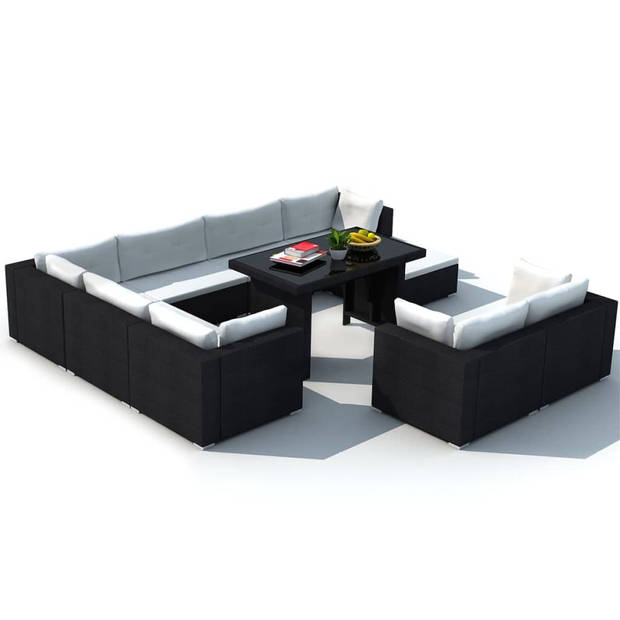 vidaXL 10-delige Loungeset met kussens poly rattan zwart