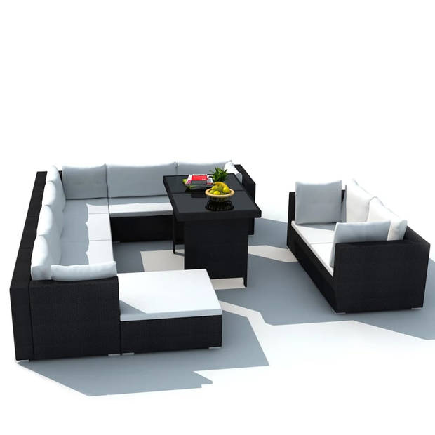 vidaXL 10-delige Loungeset met kussens poly rattan zwart