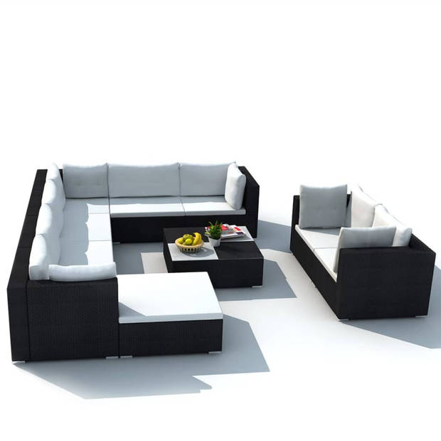 vidaXL 10-delige Loungeset met kussens poly rattan zwart