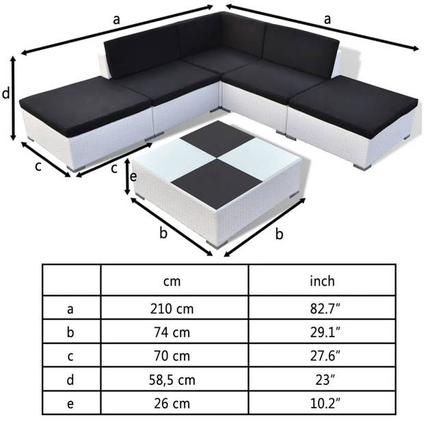 vidaXL 6-delige Loungeset met kussens poly rattan wit