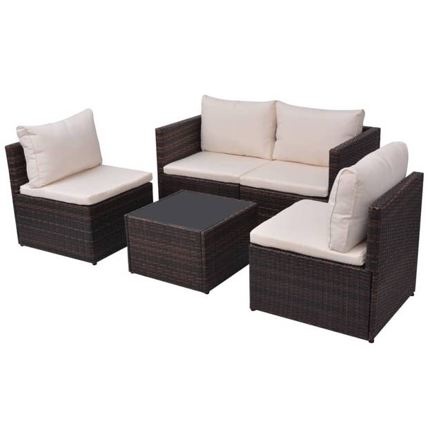 vidaXL 5-delige Loungeset met kussens poly rattan bruin