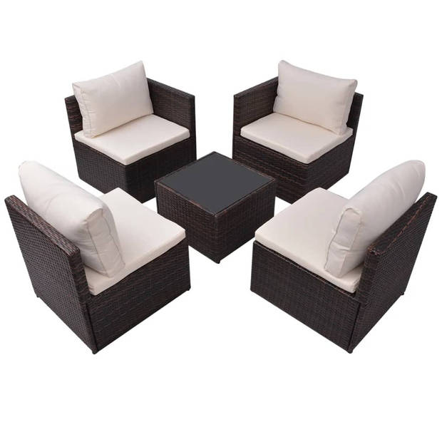 vidaXL 5-delige Loungeset met kussens poly rattan bruin