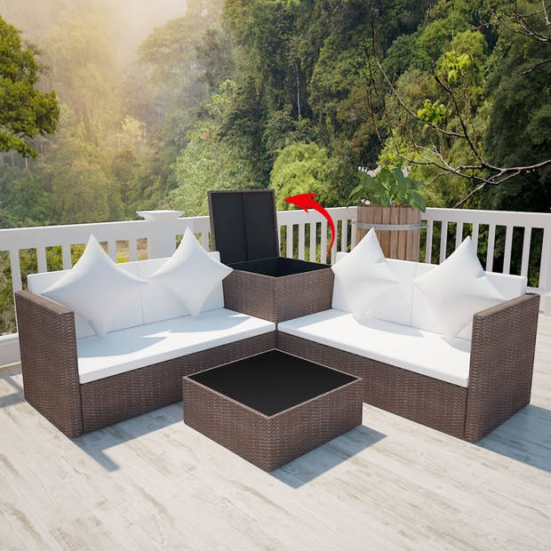 vidaXL 4-delige Loungeset met kussens poly rattan bruin