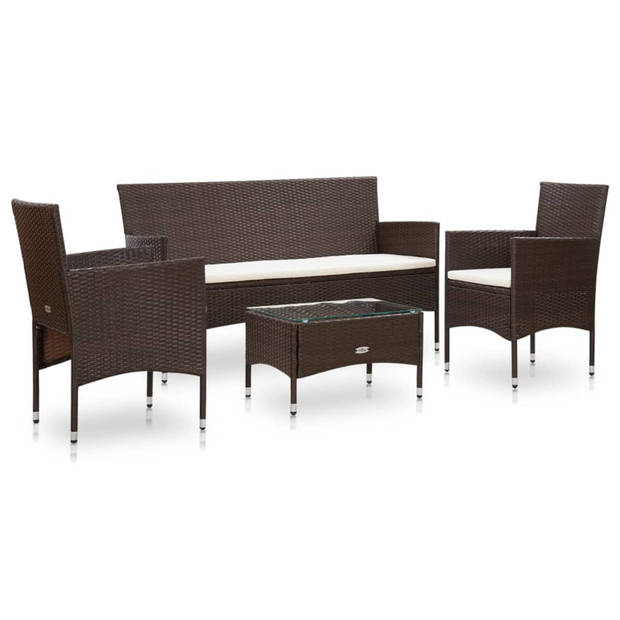 vidaXL 4-delige Loungeset met kussens poly rattan bruin