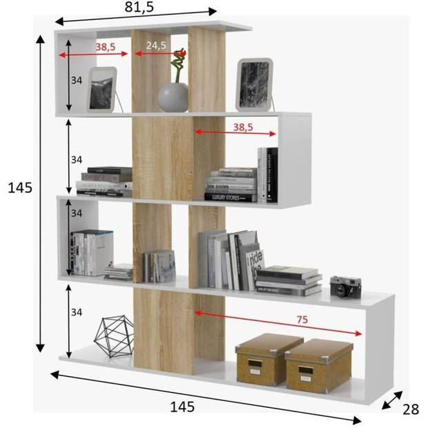 ZIGZAG boekenkast - Eiken en wit - 3 niveaus - 145 x 145 x 28 cm