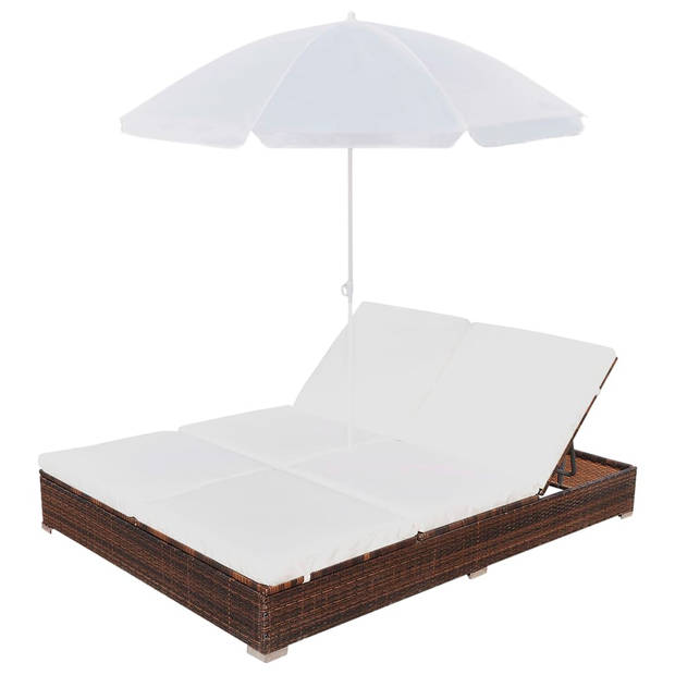 vidaXL Loungebed met parasol poly rattan bruin