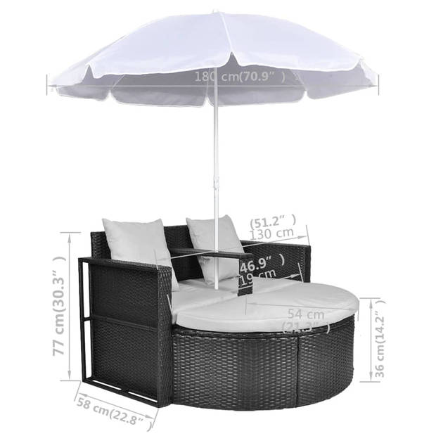 vidaXL Tuinbed met parasol poly rattan zwart