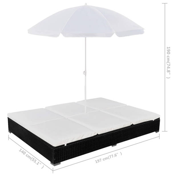 vidaXL Loungebed met parasol poly rattan zwart