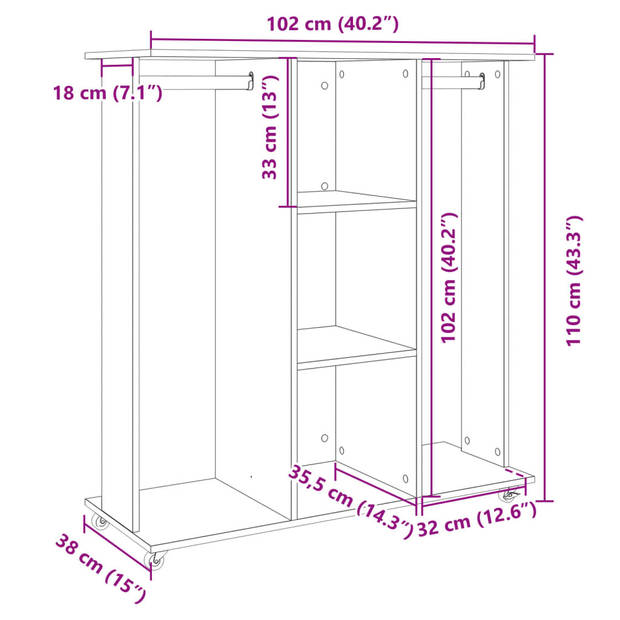 vidaXL Kledingkast met wielen 102x38x110 cm bewerkt hout betongrijs