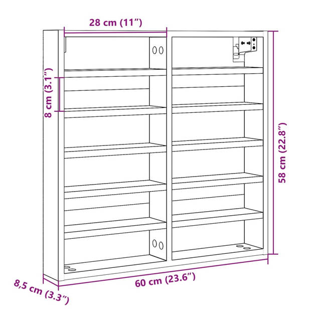 vidaXL Vitrinekast 60x8,5x58 cm bewerkt hout grijs sonoma eikenkleur