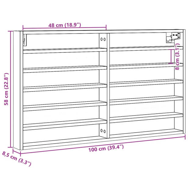 vidaXL Vitrinekast 100x8,5x58 cm bewerkt hout bruin eikenkleurig