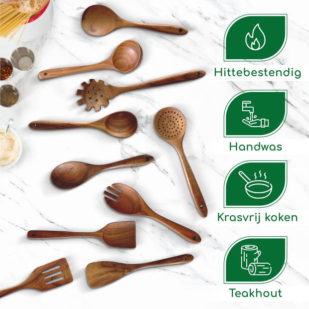 Bikolo® - Keukengerei Set 10-Delig - Kookgerei Set - Houten Spatel - Spatelset - Teakhout