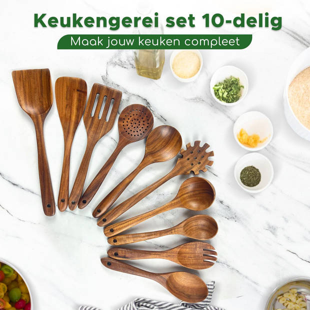 Bikolo® - Keukengerei Set 10-Delig - Kookgerei Set - Houten Spatel - Spatelset - Teakhout