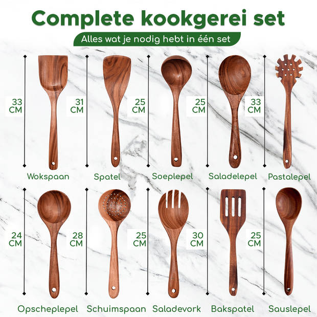 Bikolo® - Keukengerei Set 10-Delig - Kookgerei Set - Houten Spatel - Spatelset - Teakhout