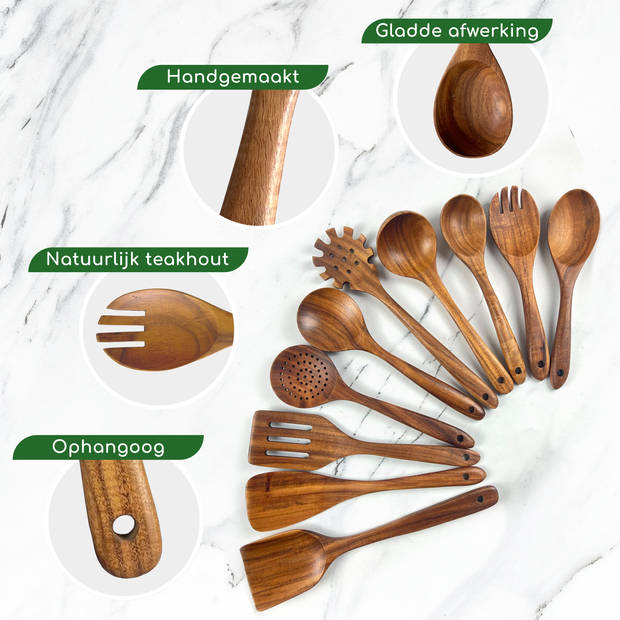 Bikolo® - Keukengerei Set 10-Delig - Kookgerei Set - Houten Spatel - Spatelset - Teakhout