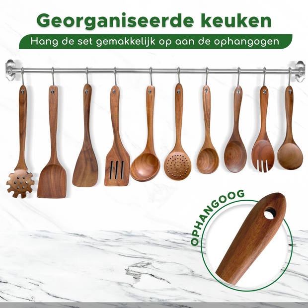 Bikolo® - Keukengerei Set 10-Delig - Kookgerei Set - Houten Spatel - Spatelset - Teakhout