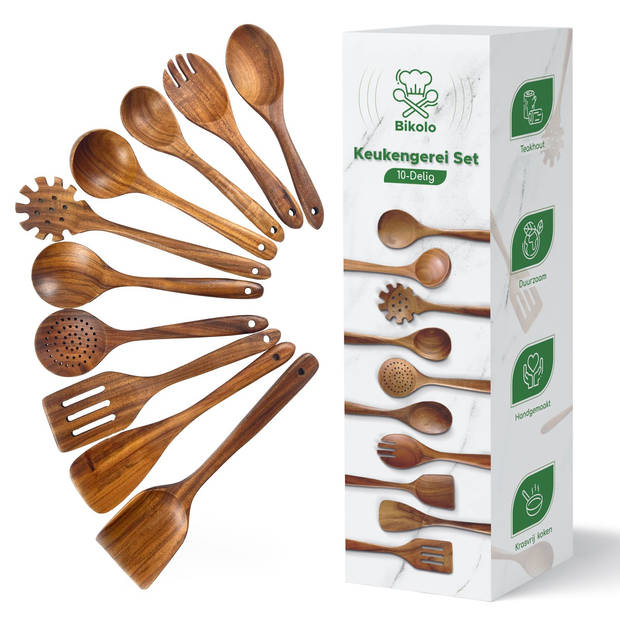 Bikolo® - Keukengerei Set 10-Delig - Kookgerei Set - Houten Spatel - Spatelset - Teakhout