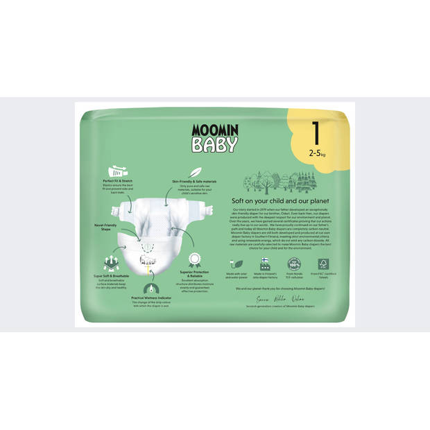 Moomin Baby Eco Wegwerpluiers - Maat 1 - Nordic Swan Ecolabel - Gevoelige huid - Pasvorm - Absorptie - CO2 Neutraal