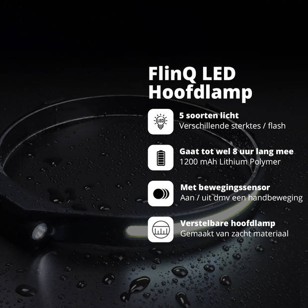 FlinQ Oplaadbare LED Hoofdlamp - USB oplaadbaar - Bewegingssensor - Verstelbaar - Zwart