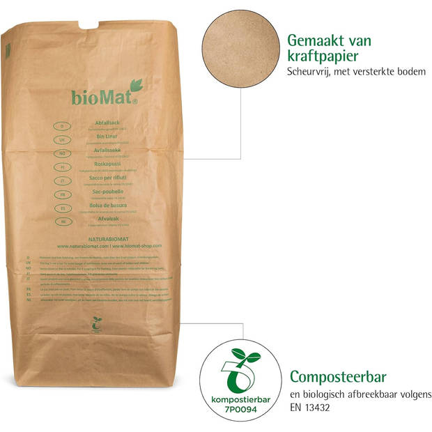 BioMat Composteerbare Papieren Zakken - 50 x 10 liter - Composteerbaar - Hernieuwbaar - Scheurvast