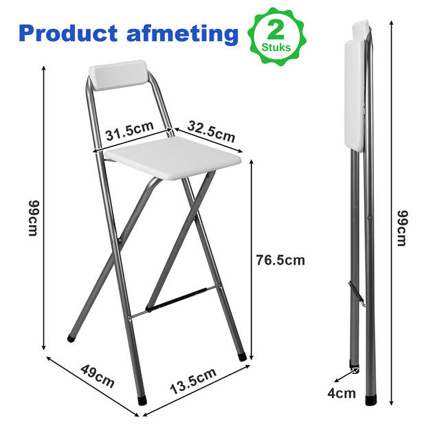 Bardi 2 x Inklapbare Barkruk Voor Statafel Wit – 100 Kg Draagvermogen