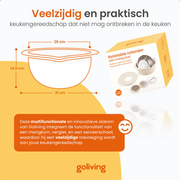 Goliving Slakom - 2500 ml - Ø 26 cm - Mengkom - Vergiet - Serveerschaal - Groentesnijder - Hakmolen - Beige