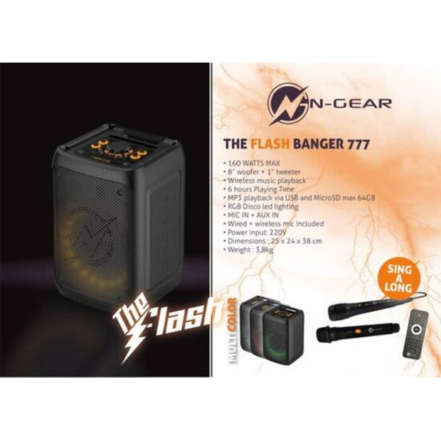 N-GEAR Flash Banger 777 - Draadloze Speaker - Karaokeset - Partybox met 2 Microfoons - Zwart