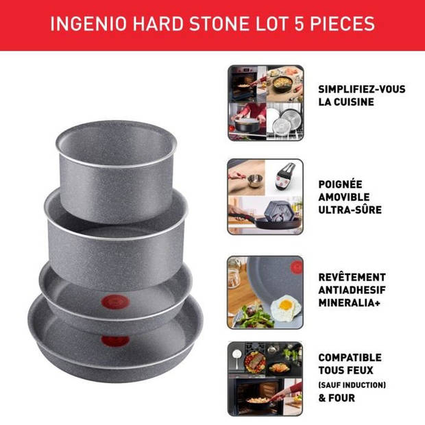 TEFAL INGENIO Hardstone Set van 5 stuks, koekenpannen van 22/26 cm, steelpannen van 16/20 cm, afneembare handgreep, niet