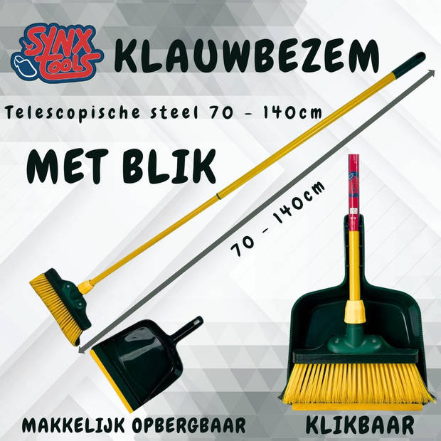 Synx Tools Klauwbezem en blik 28cm set - straatbezem - krallenbezem - Telescopische steel 70 - 140cm