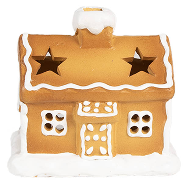 Clayre & Eef Theelichthouder Gingerbread house 11x8x10 cm Bruin Keramiek Waxinelichthouder Bruin Waxinelichthouder