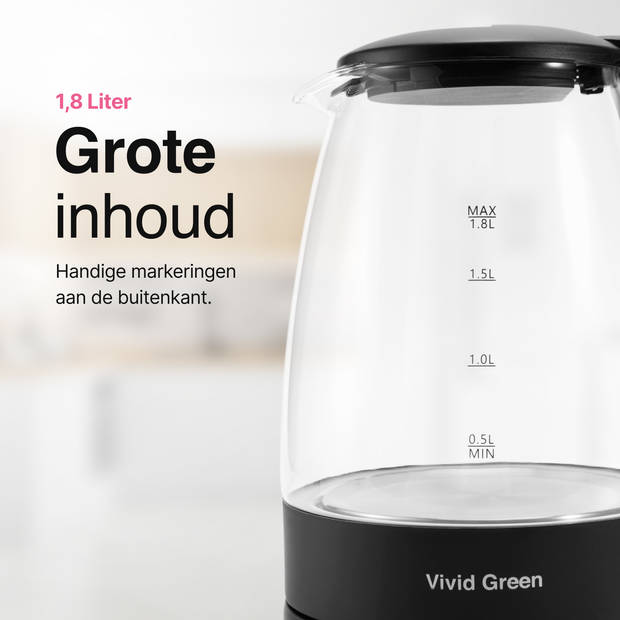 Vivid Green Elektrische Waterkoker - Retro - Waterkokers - Glas - 1,8L - Warmhoudfunctie - 1500W