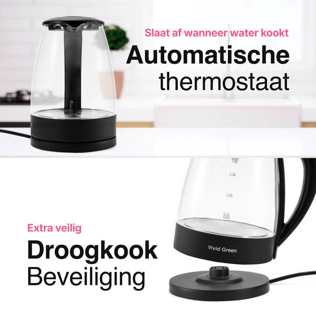 Vivid Green Elektrische Waterkoker - Retro - Waterkokers - Glas - 1,8L - Warmhoudfunctie - 1500W