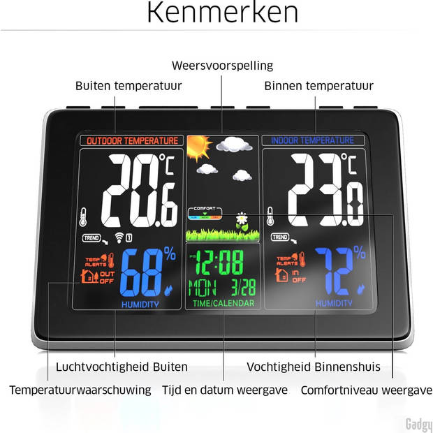 Gadgy Weerstation binnen en buiten - Draadloos weerstation met Buitensensor - Waterdichte buitenunit - Digitaal