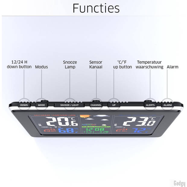 Gadgy Weerstation binnen en buiten - Draadloos weerstation met Buitensensor - Waterdichte buitenunit - Digitaal