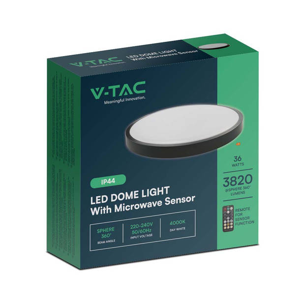 V-TAC VT-8630S-B-RD-N LED-koepellampen - Ronde koepellampen - Sensor - IP44 - Zwart - 36 Watt - 3820 Lumen - 4000K