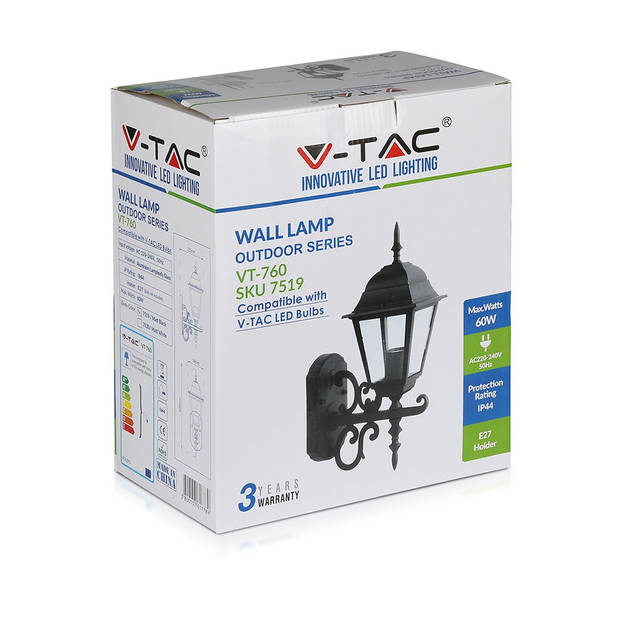 V-TAC VT-760-B E27 Buitenverlichting - wandlamp - Omhoog - Mat Zwart - IP44