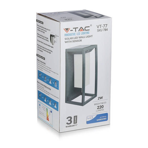 V-TAC VT-77 Grijze Solar wandlamp - Samsung - IP65 - 2W - 220 Lumen - 3000K