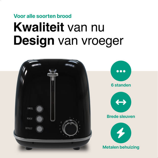 Vivid Green Retro Broodrooster met Tostiklemmen- 6 Warmteniveaus - 2 Extra Brede Sleuven - Reheat en Ontdooi - 815W