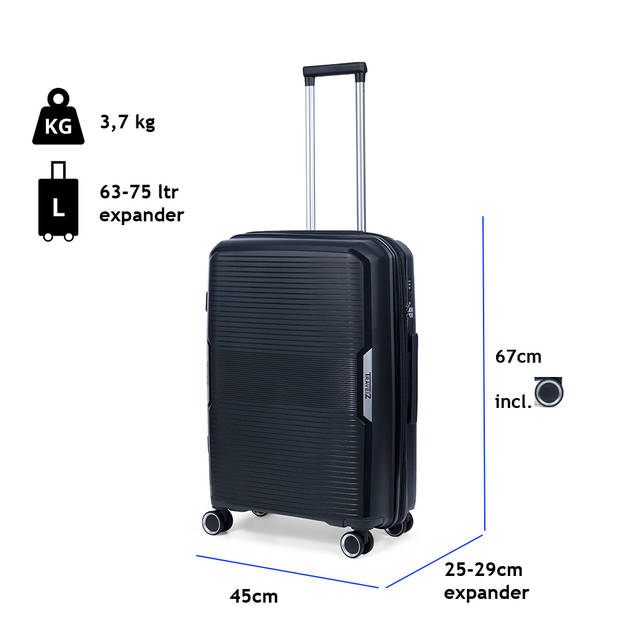 TravelZ Swinger middenmaat koffer 67cm met Expander - Trolley 75 ltr TSA-slot - Zwart