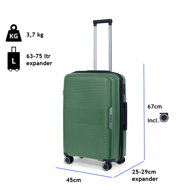 TravelZ Swinger middenmaat koffer 67cm met Expander - Trolley 75 ltr TSA-slot - Groen