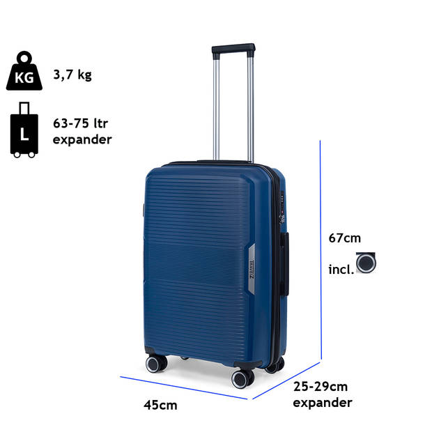 TravelZ Swinger middenmaat koffer 67cm met Expander - Trolley 75 ltr TSA-slot - Blauw